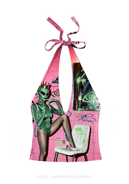 Alien Angel Graffiti Wall Y2K Print Halter Deep V Neck Cami Cherrykitten