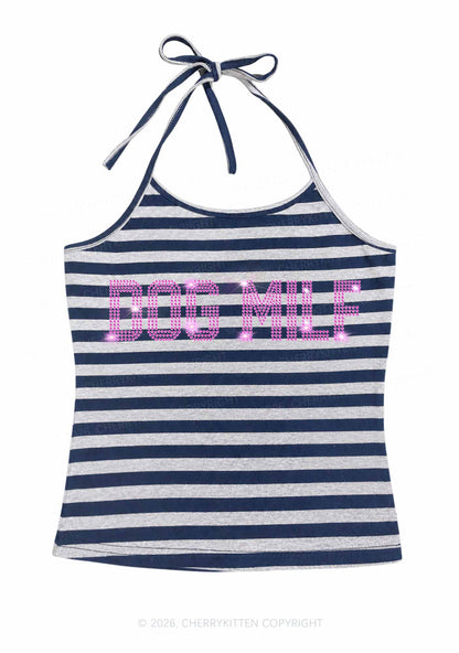 Rhinestone Dog Mxxf Y2K Navy Grey Striped Halter Neck Cami Cherrykitten
