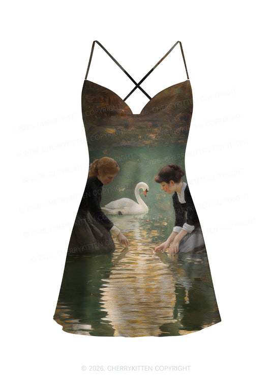Swan Lake Girls Pride Y2K Print Satin Cowl Neck Slip Dress Cherrykitten