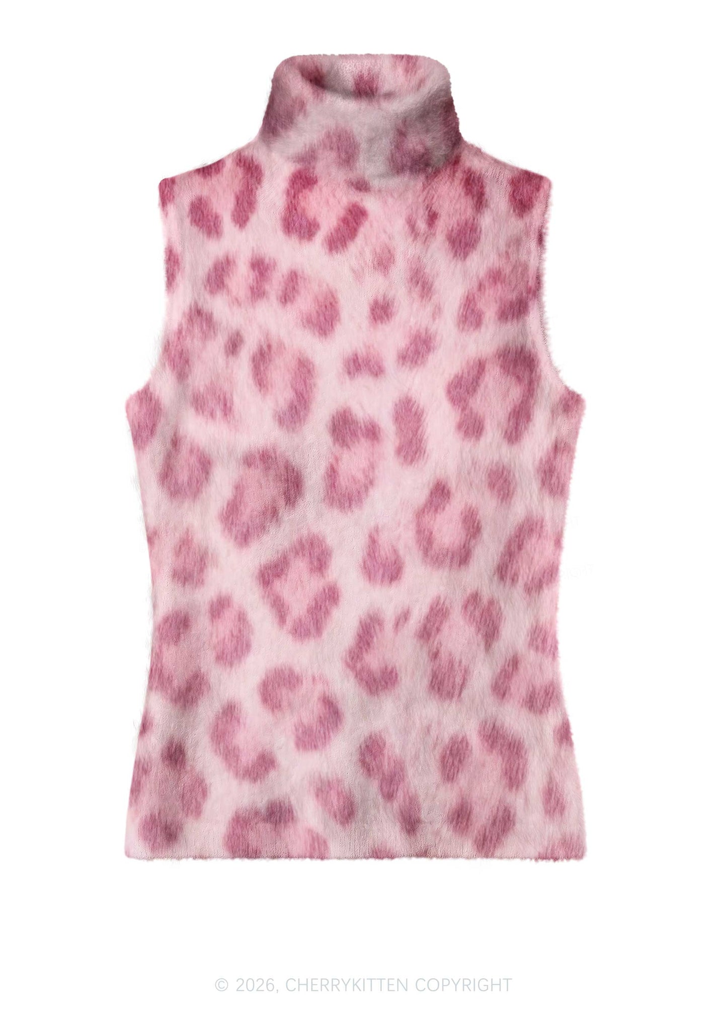 Light Pink Leopard Y2K Knit Turtleneck Tank Top Cherrykitten