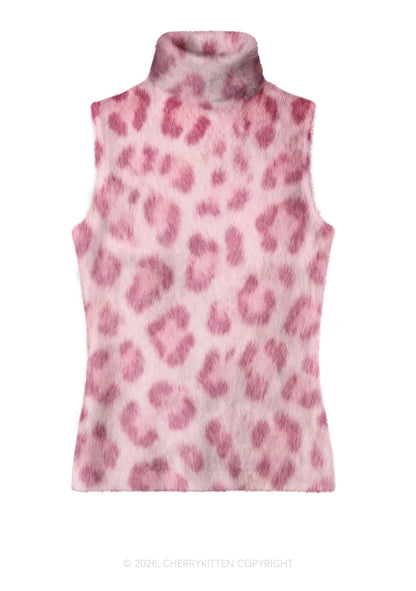 Light Pink Leopard Y2K Knit Turtleneck Tank Top Cherrykitten