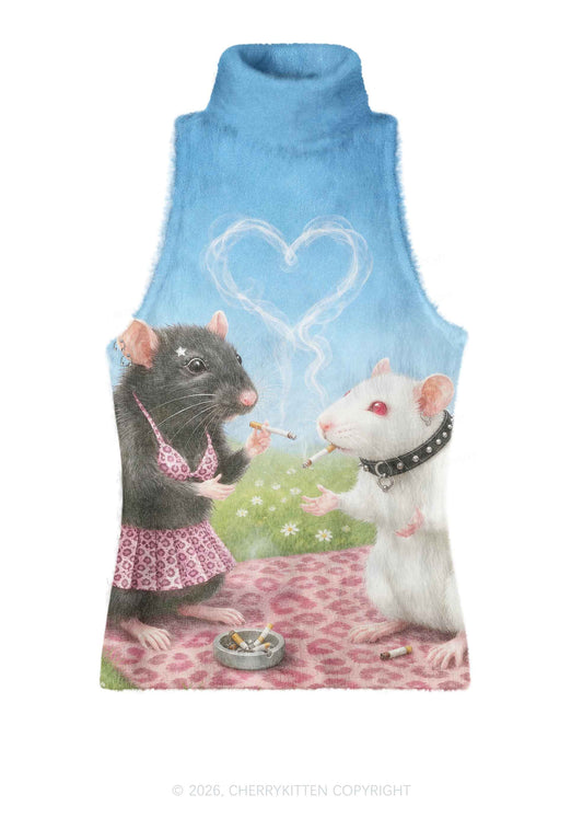 Two Punk Rats Smoking Y2K Knit Turtleneck Tank Top Cherrykitten
