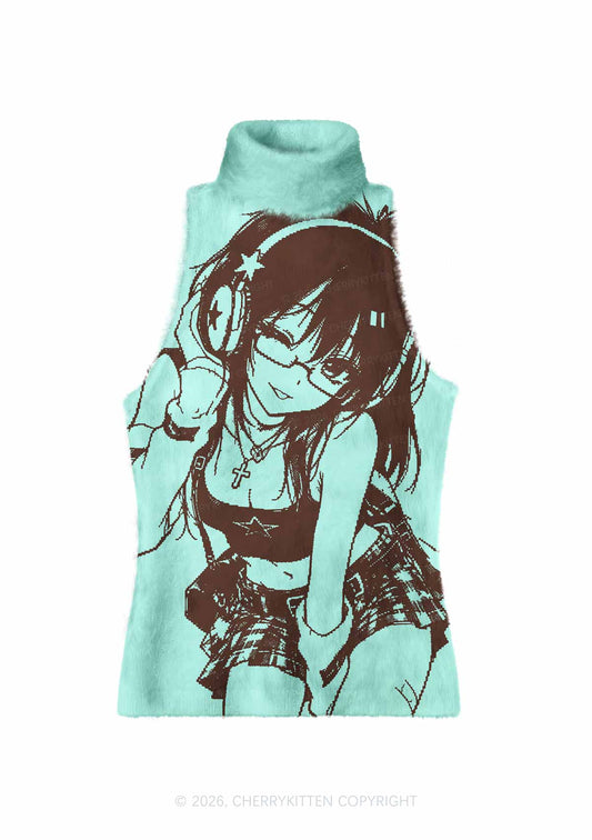 Brown Anime Girl On Mint Green Y2K Knit Turtleneck Tank Top Cherrykitten