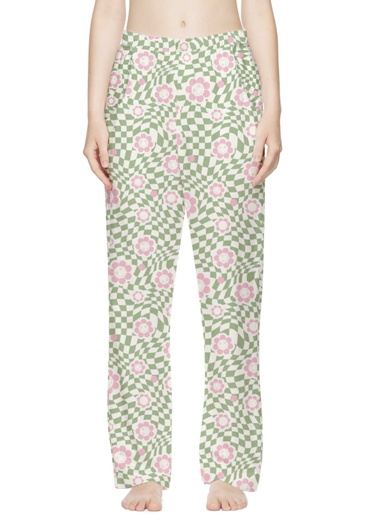 Checkerboard Pink Daisy Print Casual Pants