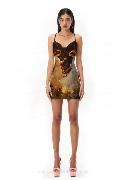 Dancing In Garden Pride Y2K Print Satin Cowl Neck Slip Dress Cherrykitten