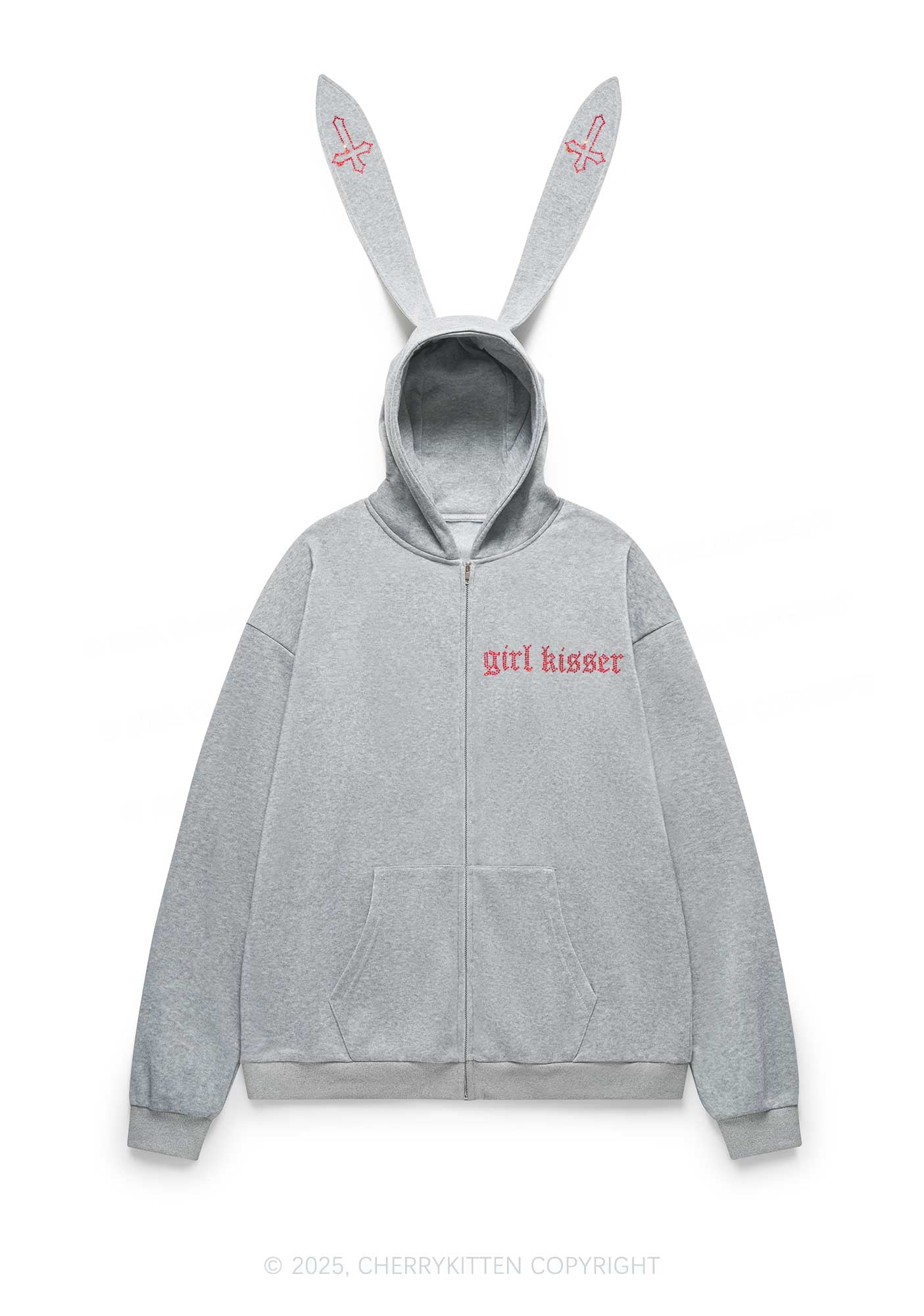 Rhinestone Girl kisser Pride Y2K Bunny Ear Zip Hoodie Cherrykitten