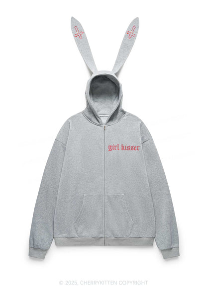 Rhinestone Girl kisser Pride Y2K Bunny Ear Zip Hoodie Cherrykitten