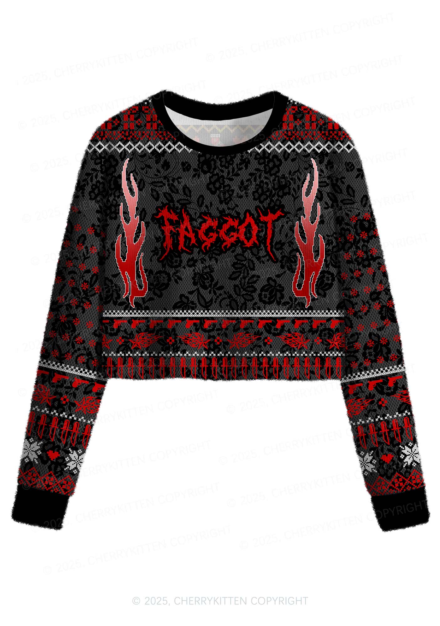 Red Punk Faggot Pride Y2K Christmas Crop Knit Sweatshirt Cherrykitten