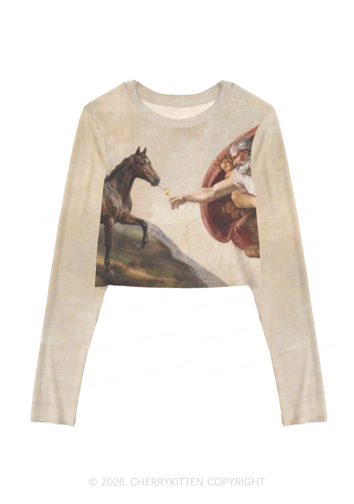 God Smoking Horse Y2K Mesh Long Sleeve Crop Top Cherrykitten