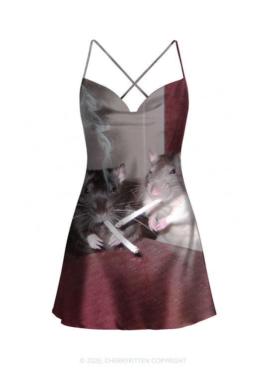 Smoking Rats Y2K Print Satin Cowl Neck Slip Dress Cherrykitten