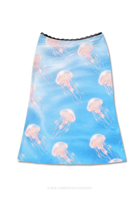 Pink Jellyfish Underwater Y2K Print Midi Skirt Cherrykitten