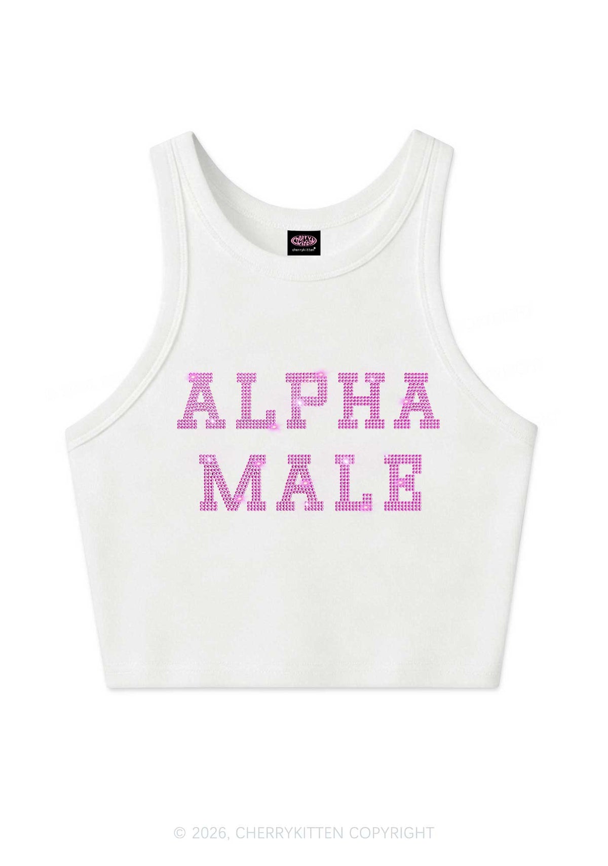 Rhinestone Pink Alpha Male Y2K Crop Tank Top Cherrykitten