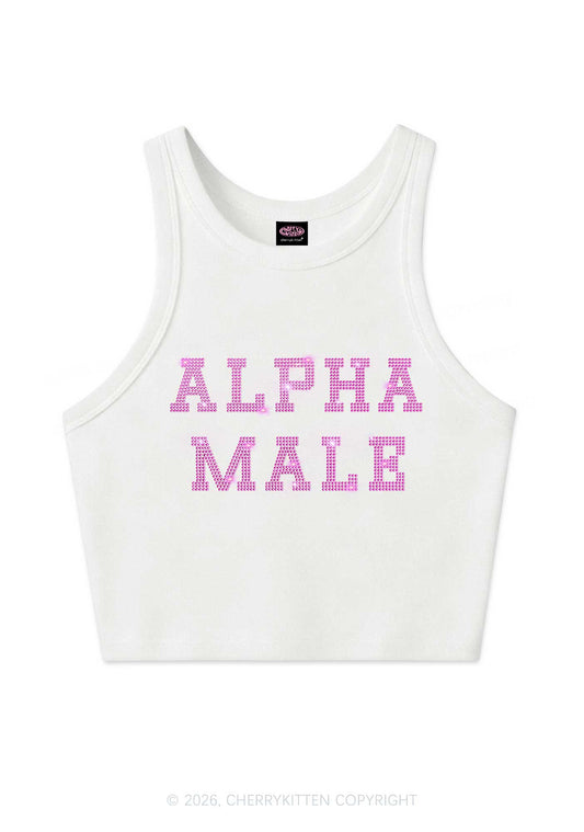 Rhinestone Pink Alpha Male Y2K Crop Tank Top Cherrykitten