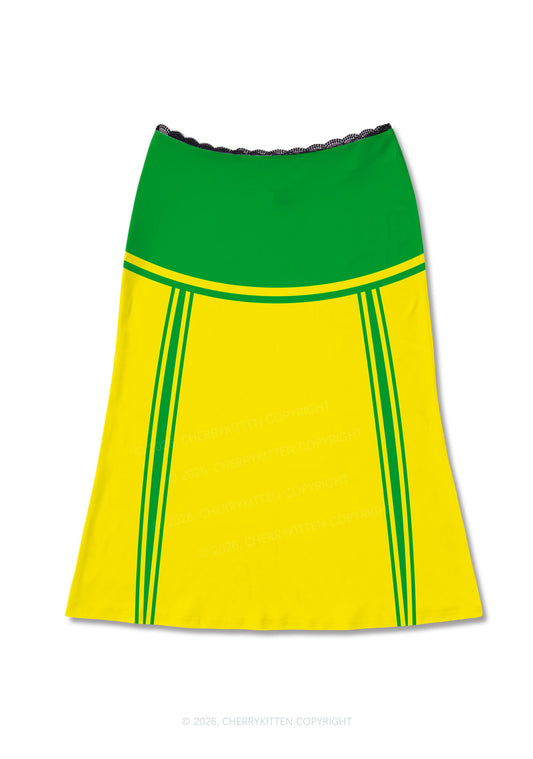 Yellow Green Flame Y2K Print Midi Skirt Cherrykitten