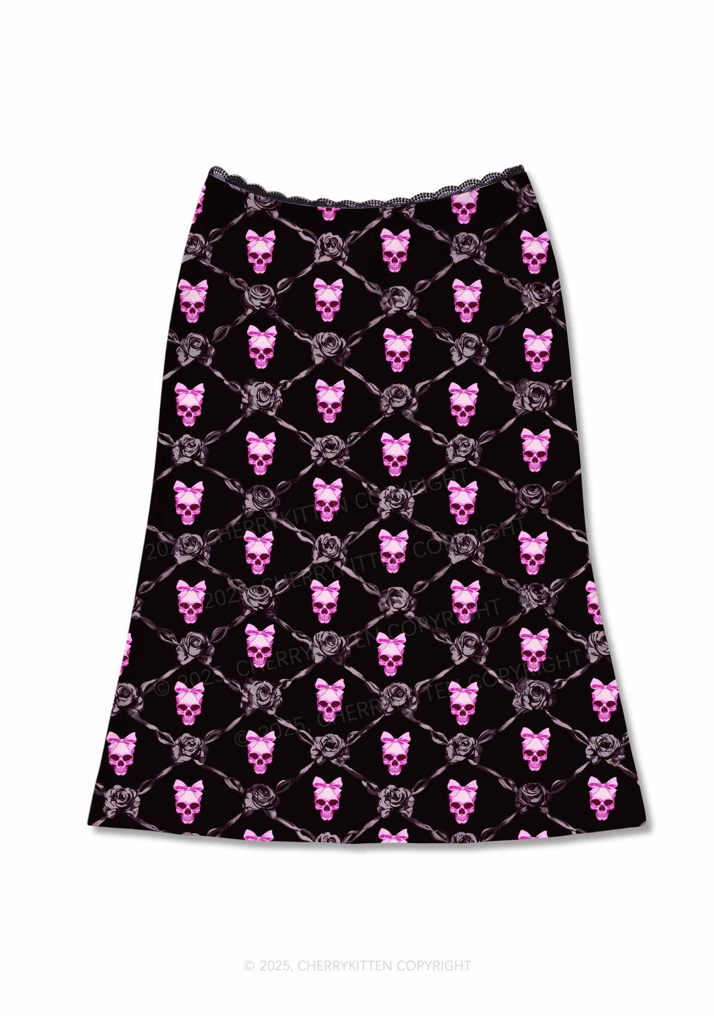Halloween Pink Skull Y2K Print Midi Skirt Cherrykitten