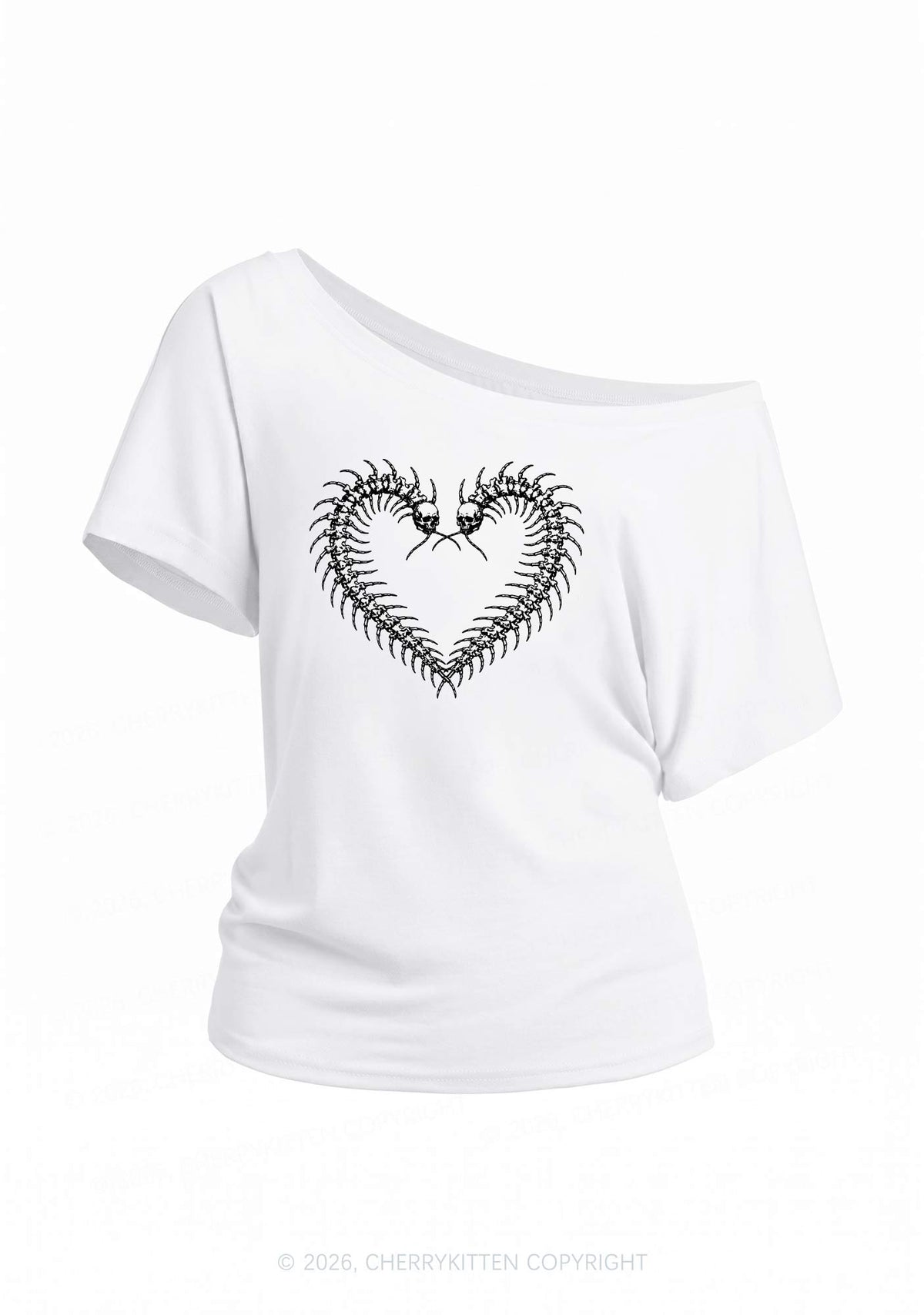 Halloween Centipede Heart Shape Y2K Off Shoulder Tee Cherrykitten