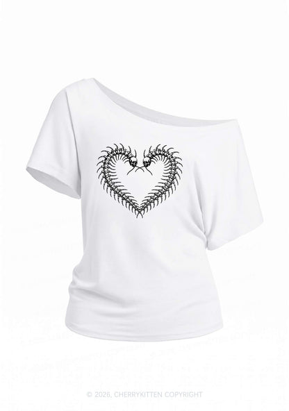 Halloween Centipede Heart Shape Y2K Off Shoulder Tee Cherrykitten