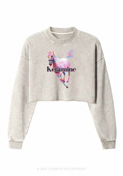 Pink Horse Y2K Crop Washed Sweatshirts Cherrykitten