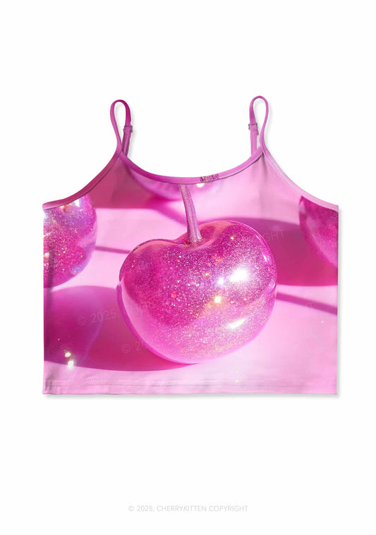 Glitter Pink Cherry Y2K Print Cami Crop Top Cherrykitten