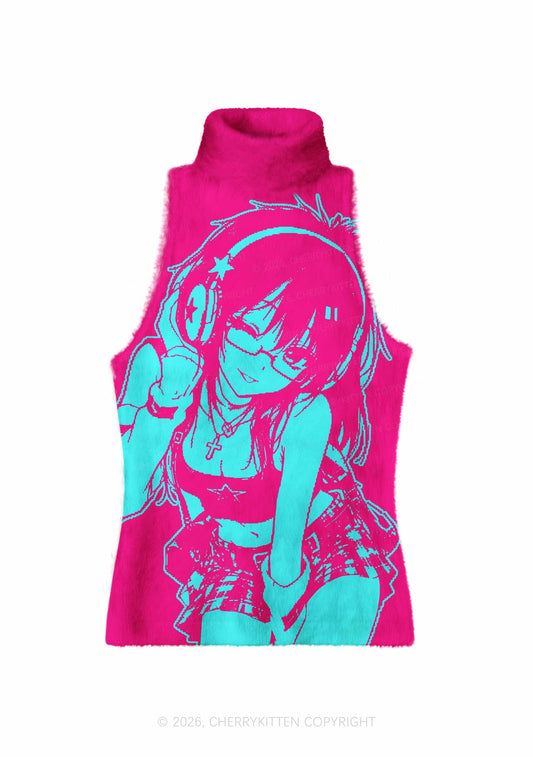 Blue Anime Girl On Hot Pink Y2K Knit Turtleneck Tank Top Cherrykitten