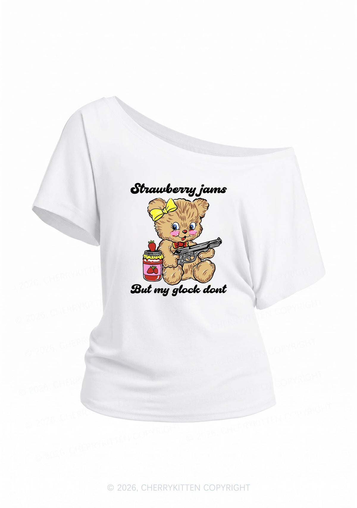 Strawberry Jams Bear Y2K Off Shoulder Tee Cherrykitten