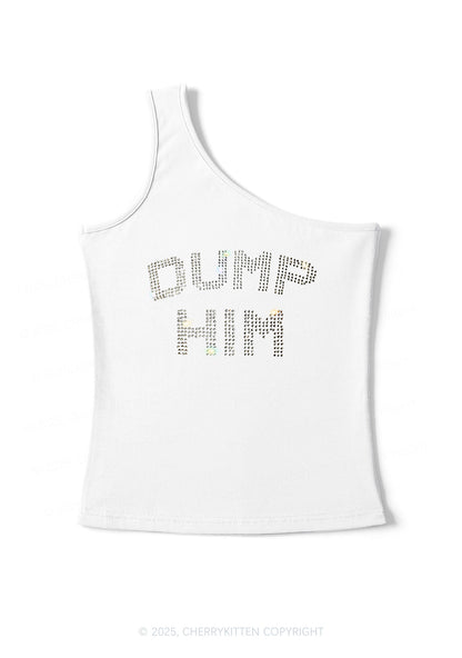 Rhinestone Dump Him Y2K One Shoulder Tank Top Cherrykitten