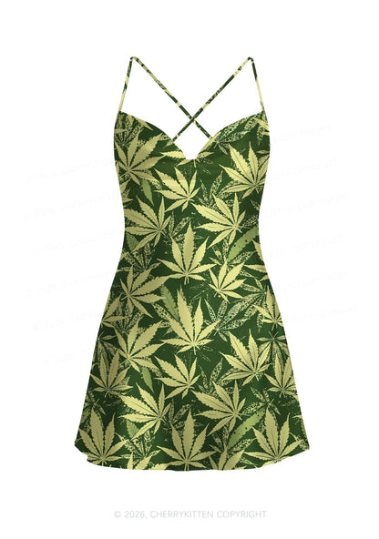 Green Wxxd Leaf Y2K Print Satin Cowl Neck Slip Dress Cherrykitten