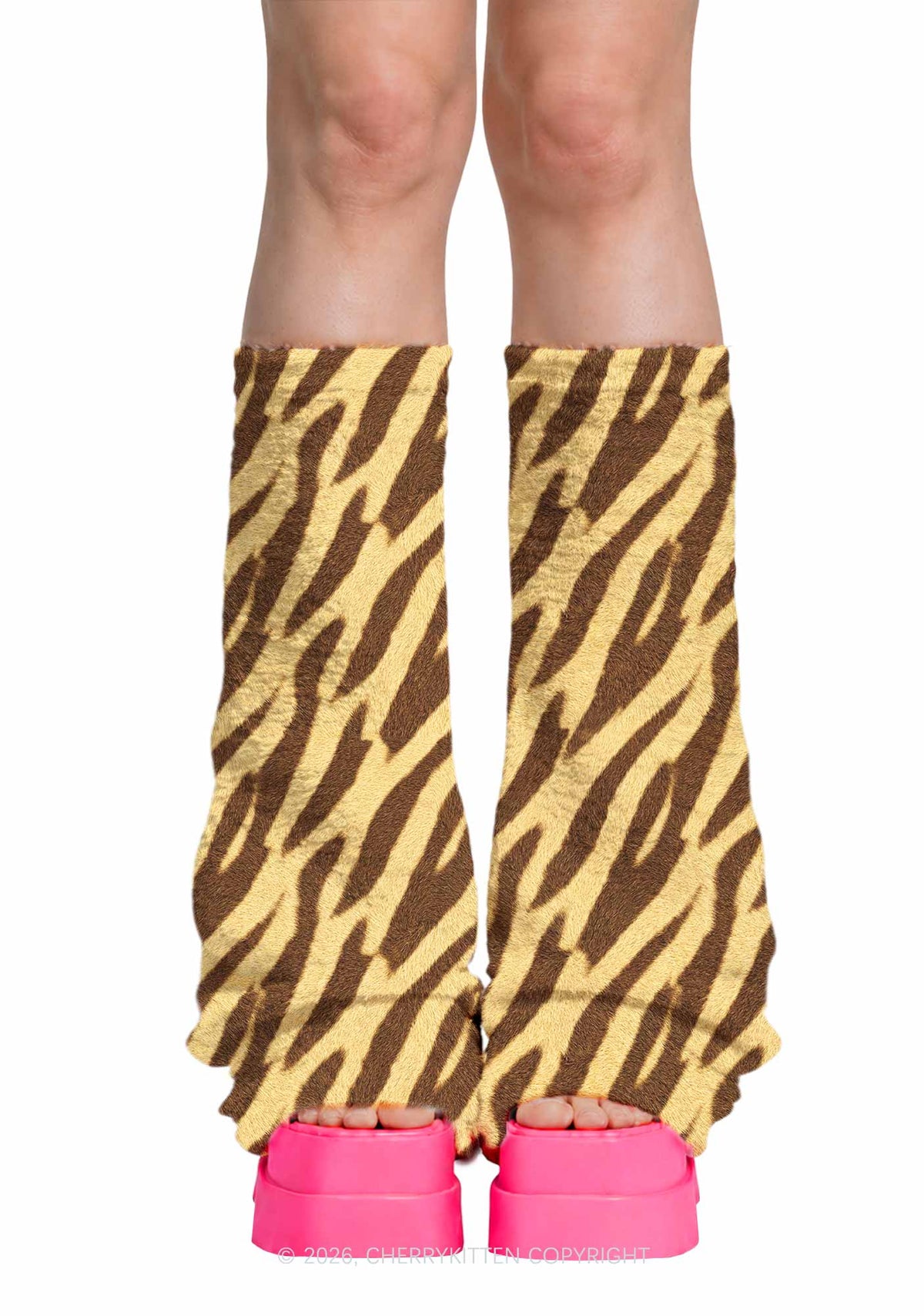 Khaki Tiger Stripe Y2K Print Fuzzy Flared Leg Warmers Cherrykitten