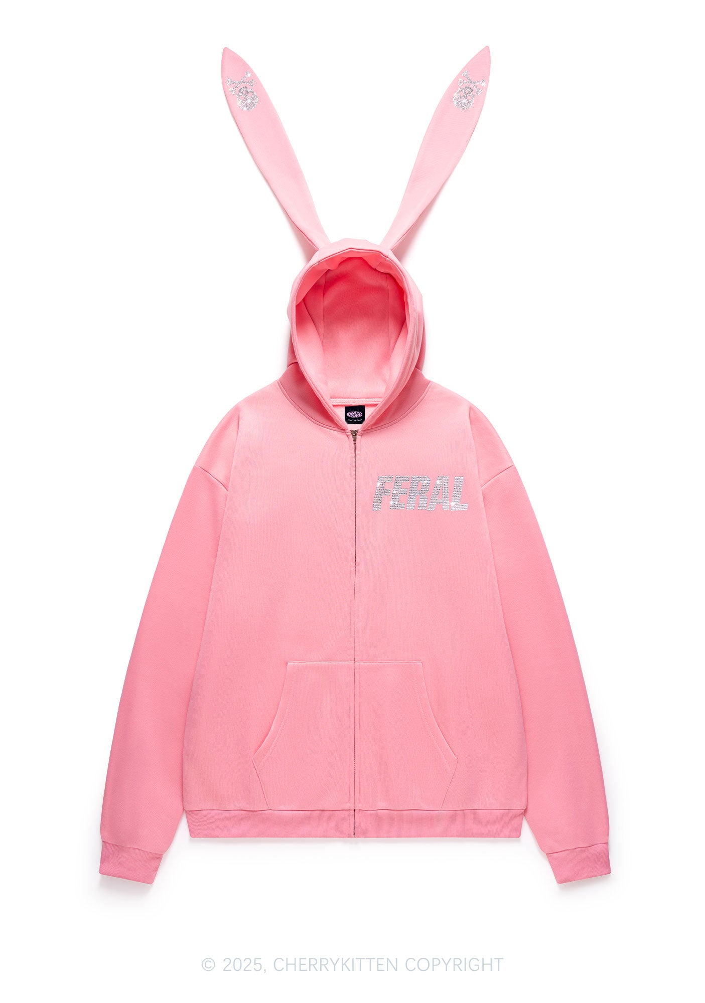 Rhinestone Feral Y2K Bunny Ear Zip Hoodie Cherrykitten