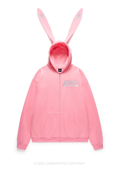 Rhinestone Feral Y2K Bunny Ear Zip Hoodie Cherrykitten