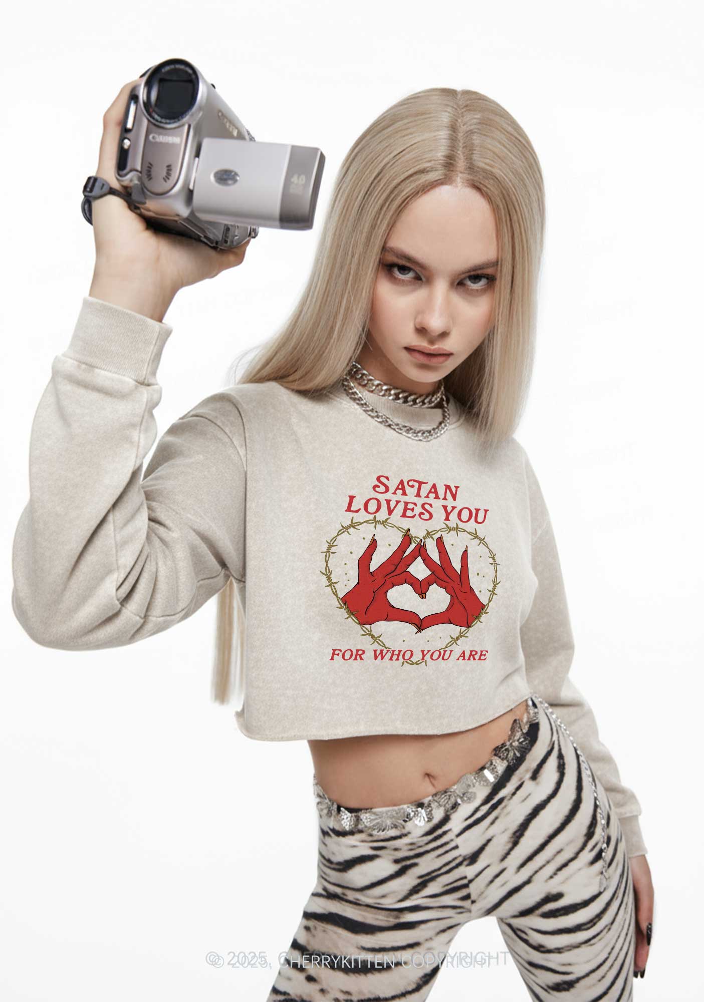 Halloween Satan Loves You Heart Y2K Crop Washed Sweatshirts Cherrykitten