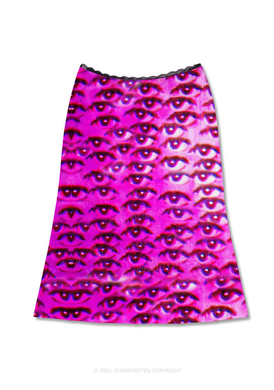 Halloween Pink Eyes Y2K Print Midi Skirt Cherrykitten