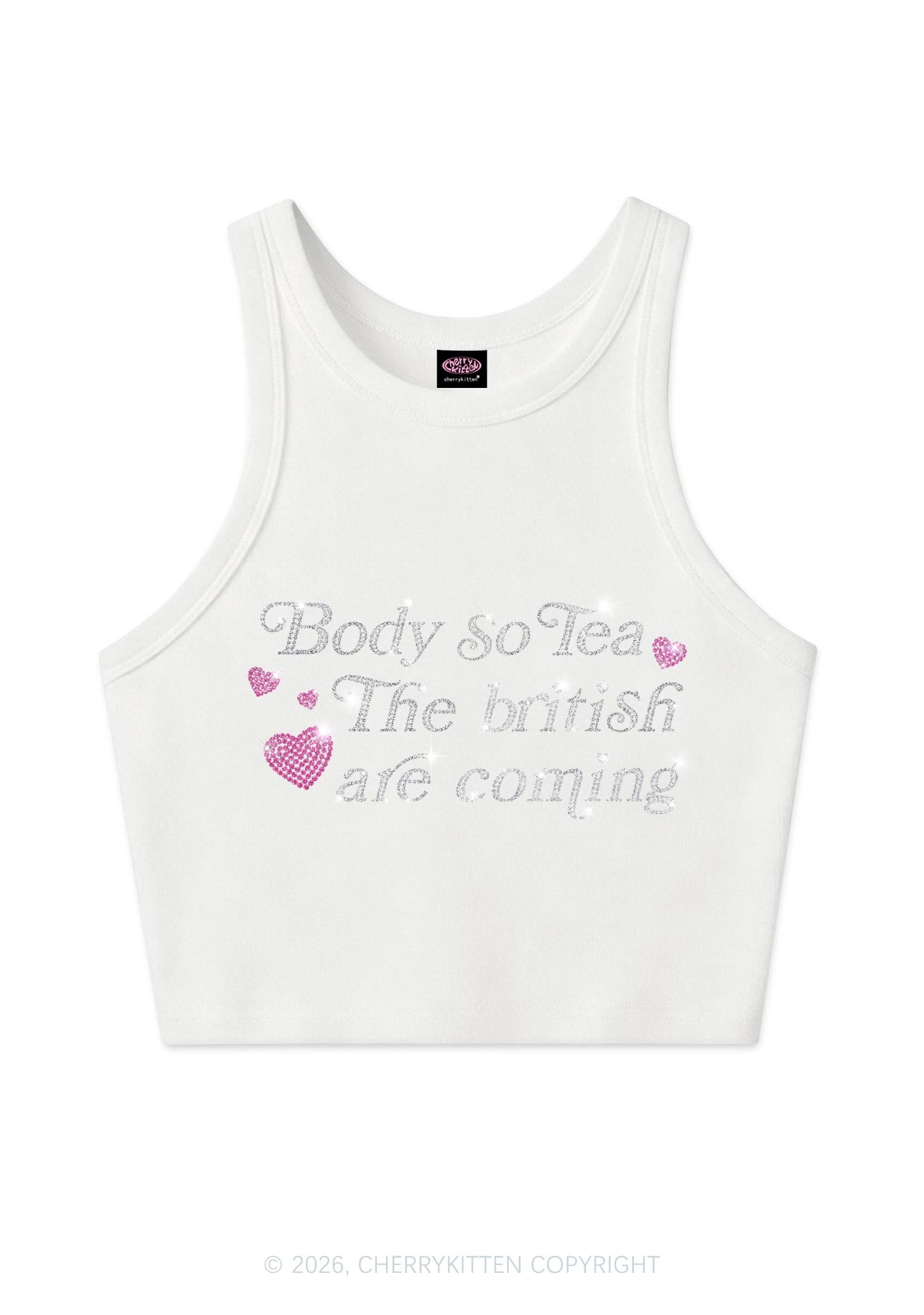 Rhinestone Body So Tea Y2K Crop Tank Top Cherrykitten