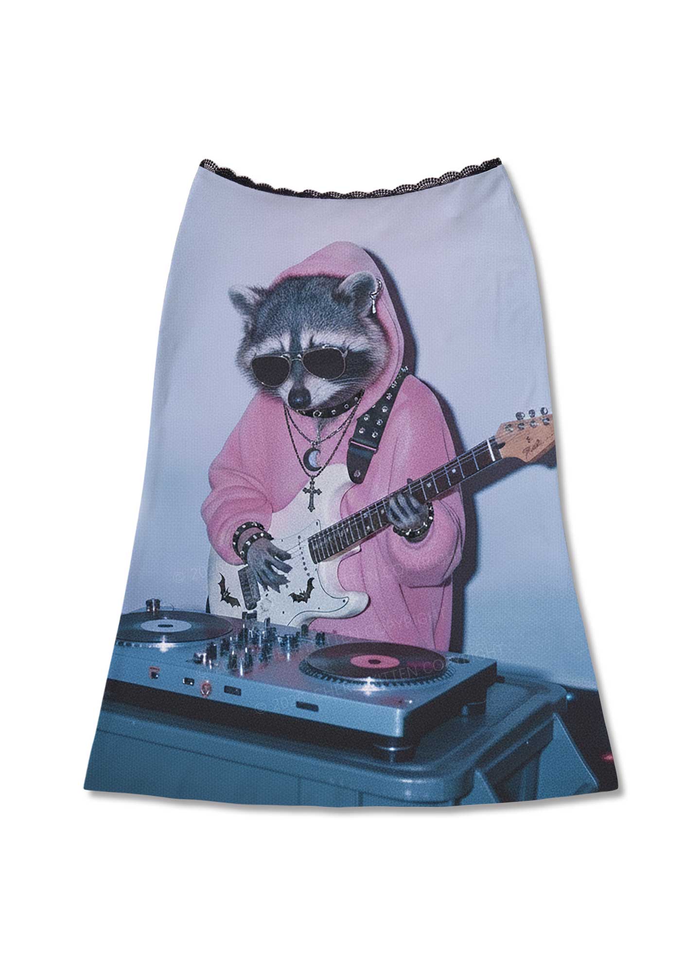 Pink Hoodie Raccoon DJ Y2K Print Midi Skirt Cherrykitten