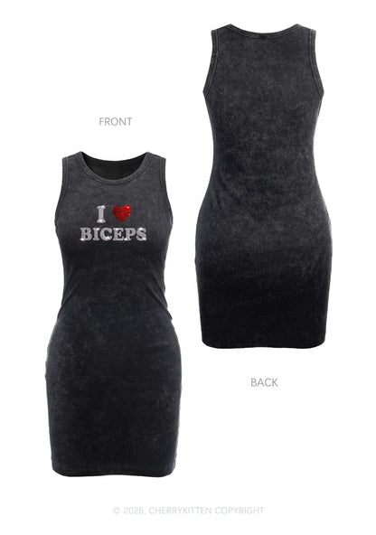 Rhinestone I Love Biceps Y2K Washed Tank Dress Cherrykitten