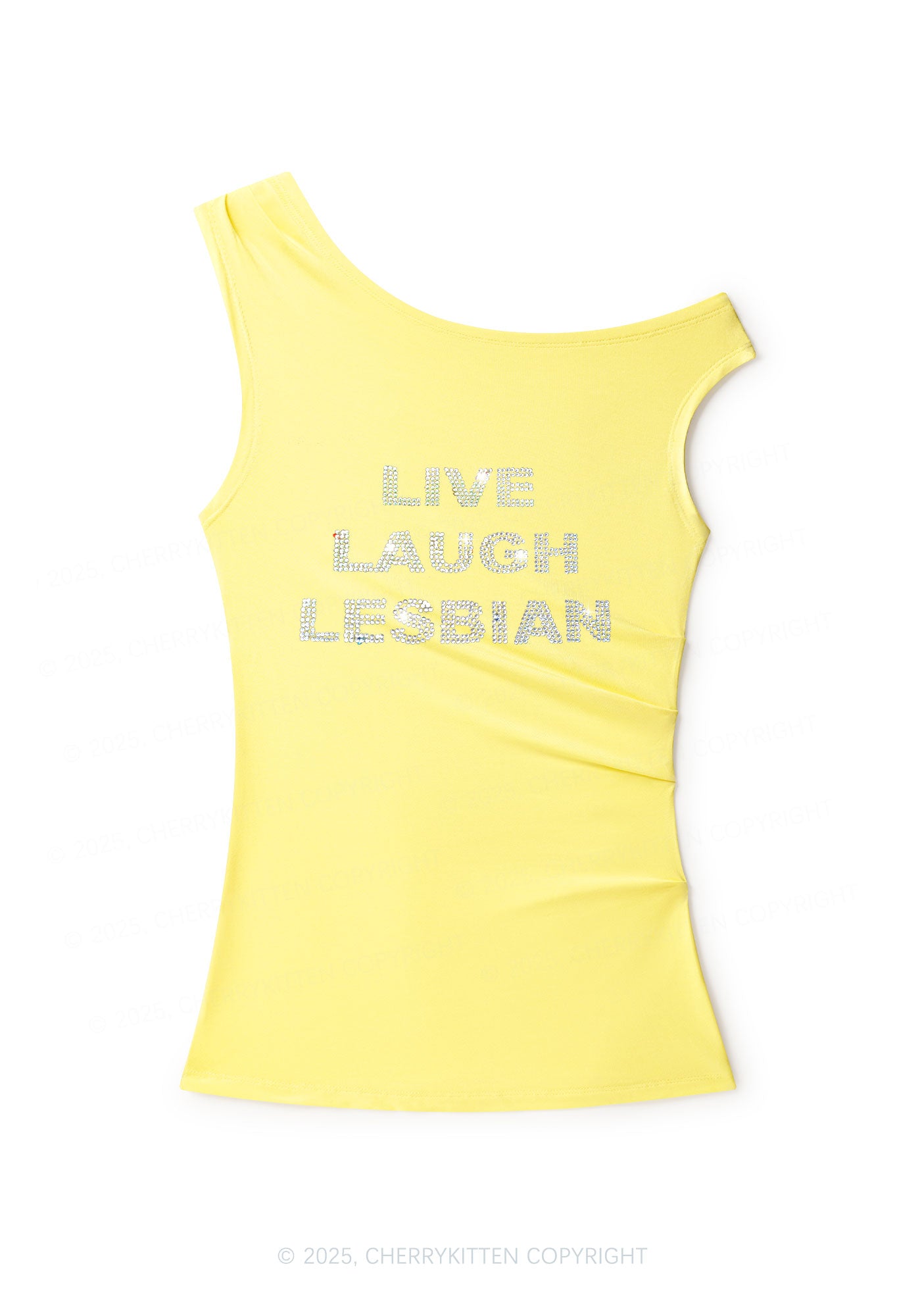 Rhinestone Live Laugh Lesbian Pride Y2K Off Shoulder Tank Top Cherrykitten