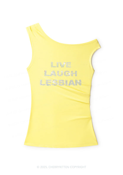 Rhinestone Live Laugh Lesbian Pride Y2K Off Shoulder Tank Top Cherrykitten
