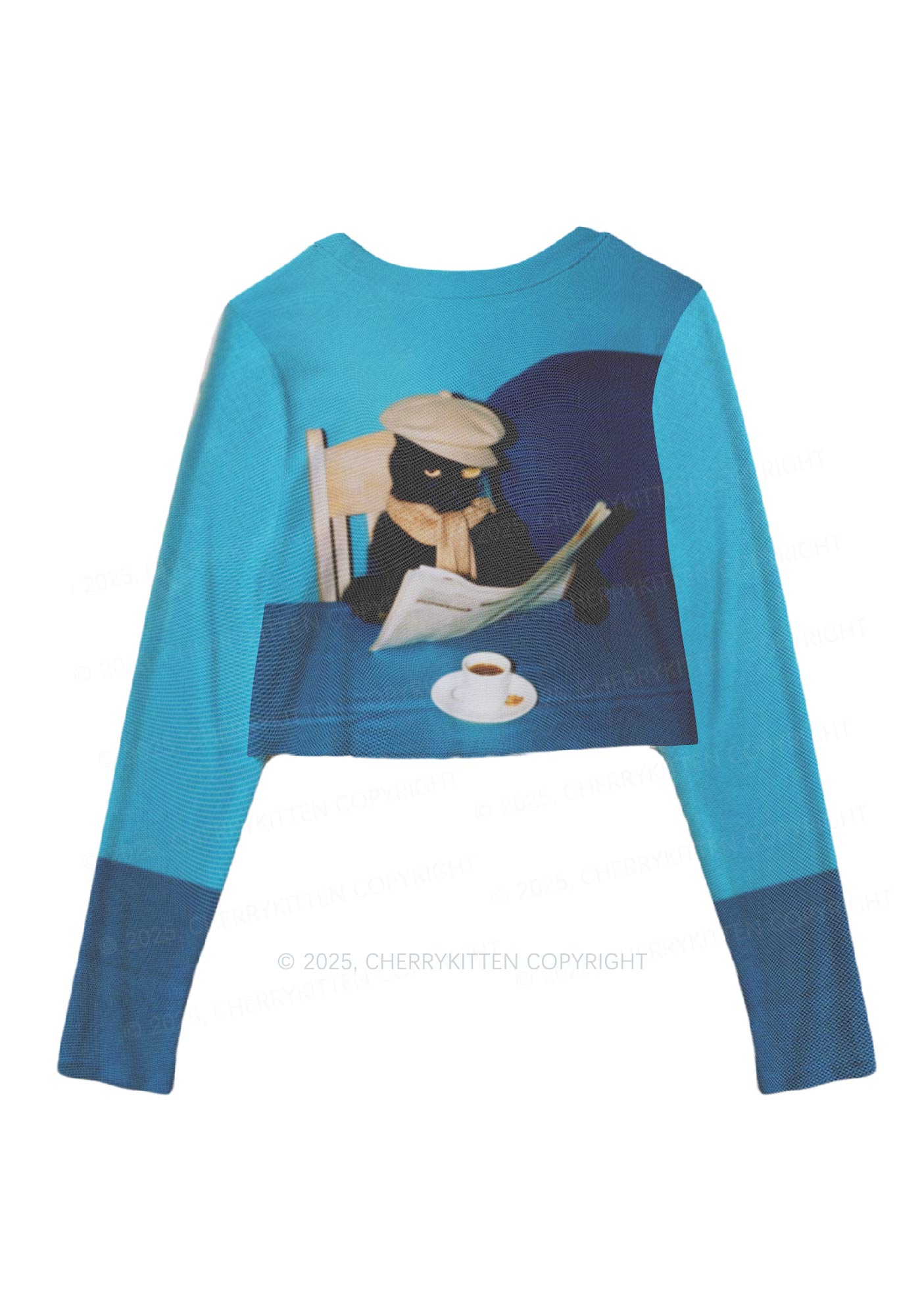 Cats Coffee Break Y2K Mesh Long Sleeve Crop Top Cherrykitten