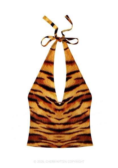 Wild Tiger Texture Y2K Print Halter Deep V Neck Cami Cherrykitten
