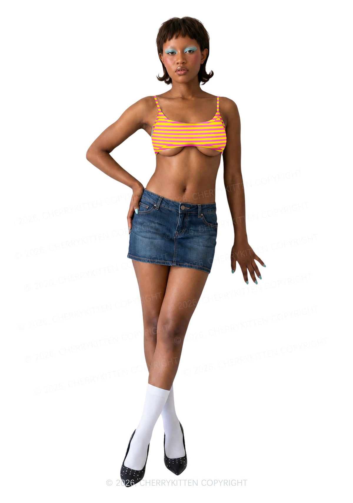 Pink And Yellow Stripes Y2K Print Super Crop Cami Cherrykitten