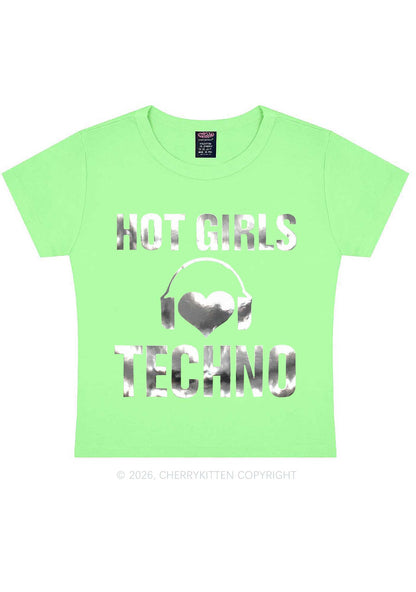 Hot Girls Love Techno Silver Foil Printed Y2K Baby Tee Cherrykitten