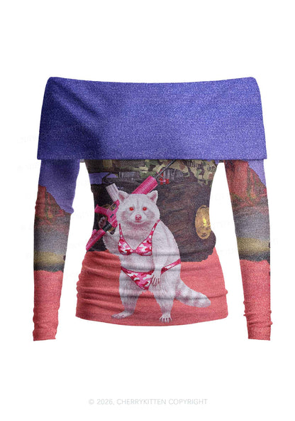 Red Camouflage Bikini Raccoon Y2K Off Shoulder Fold Over Knit Top Cherrykitten