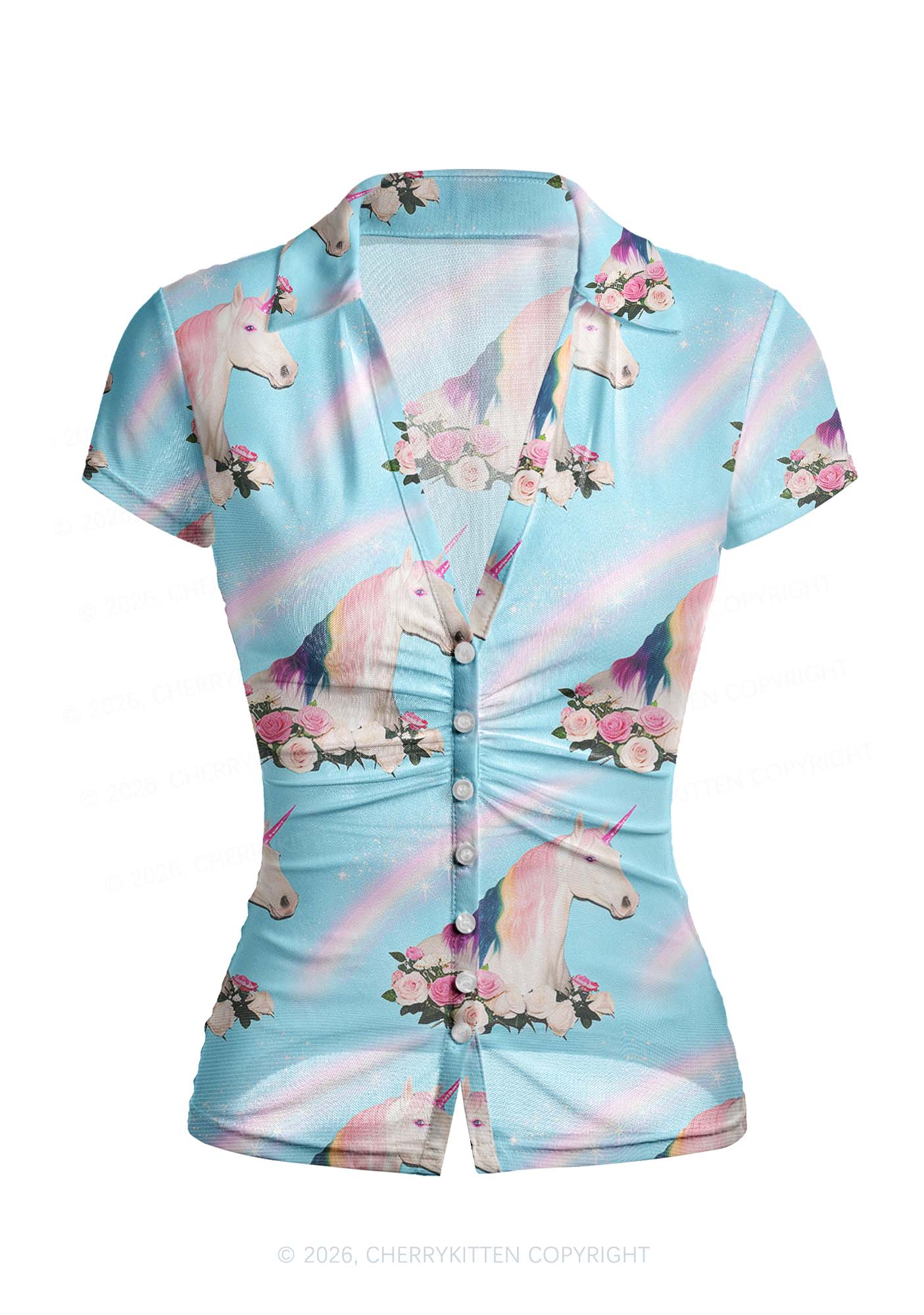 Blue Unicorn Y2K Mesh Ruched  Waist  V Neck Top Cherrykitten