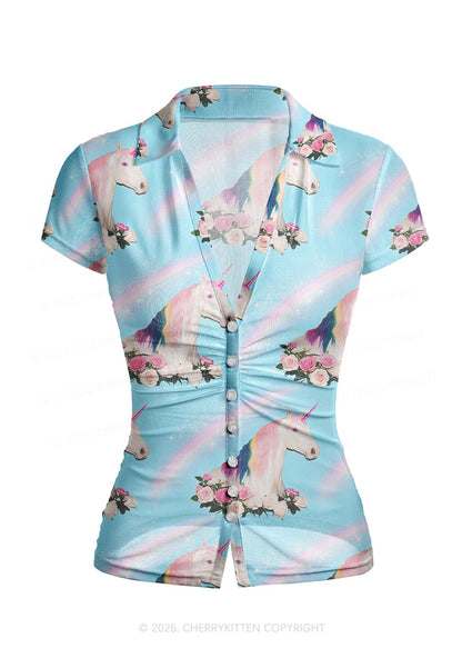 Blue Unicorn Y2K Mesh Ruched  Waist  V Neck Top Cherrykitten