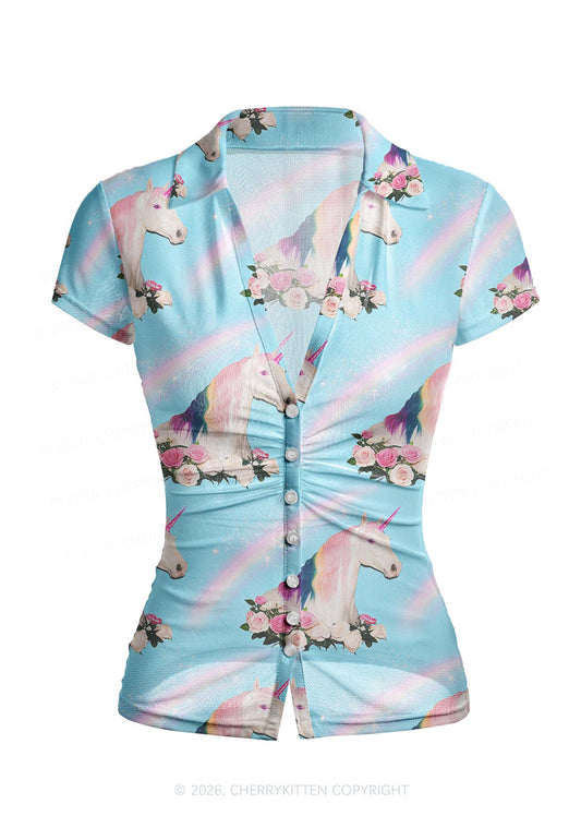 Blue Unicorn Y2K Mesh Ruched  Waist  V Neck Top Cherrykitten