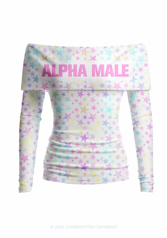 Pastel Star Alpha Male Y2K Off Shoulder Fold Over Knit Top Cherrykitten