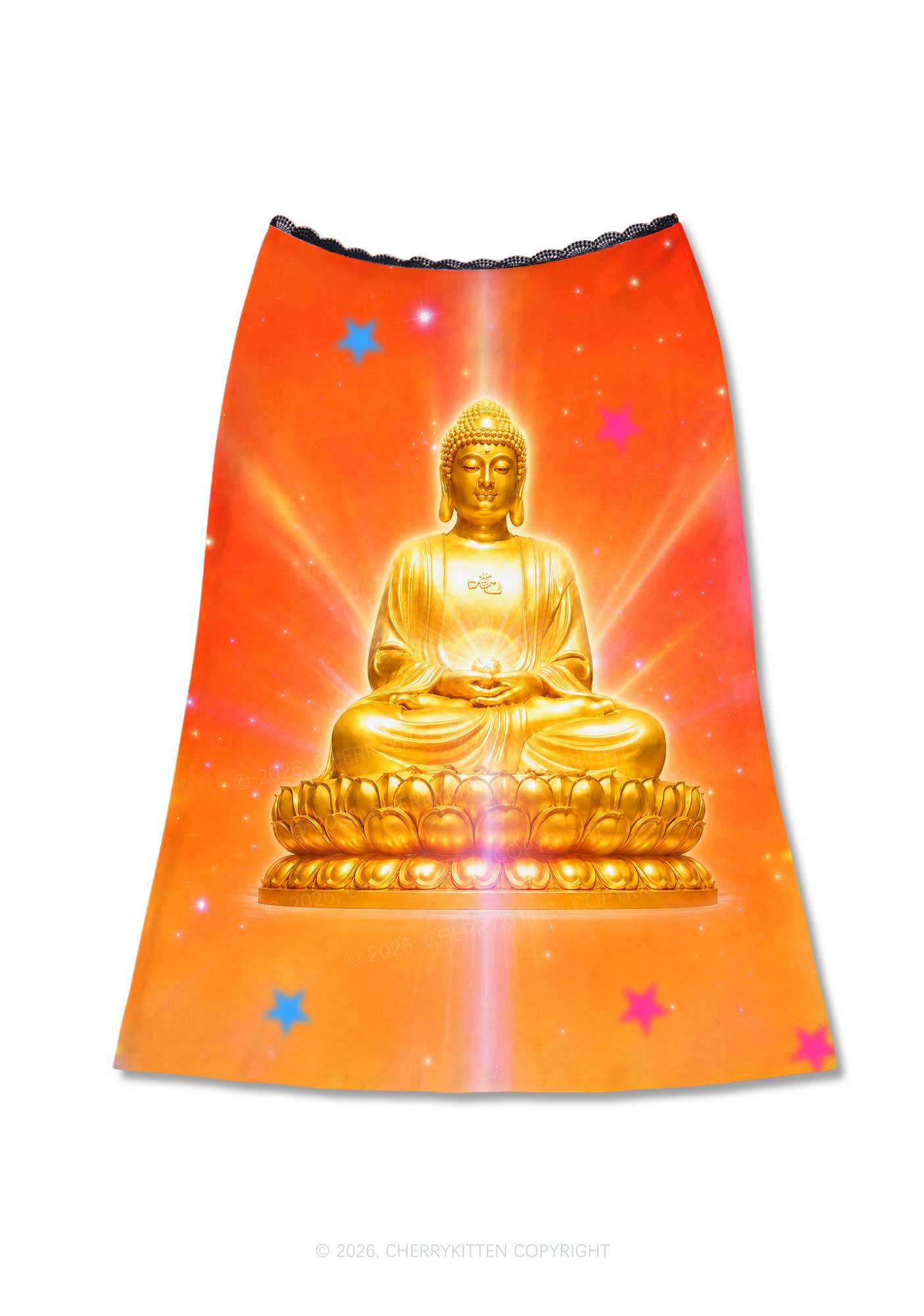 Golden Buddha Y2K Print Midi Skirt Cherrykitten
