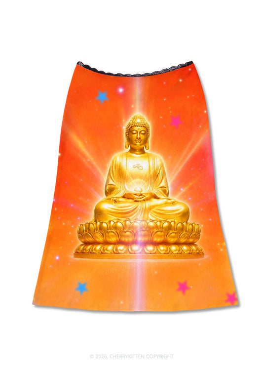 Golden Buddha Y2K Print Midi Skirt Cherrykitten