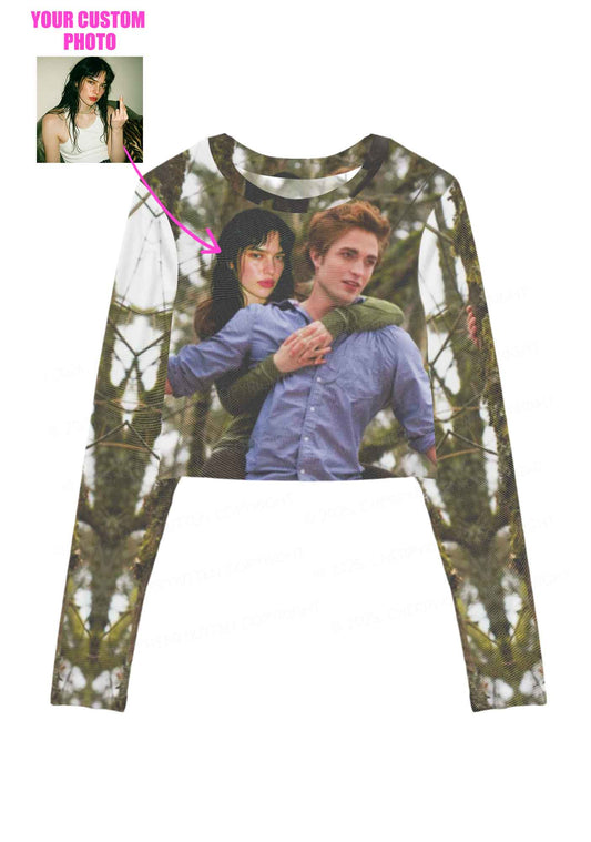 Custom Face Y2K Mesh Long Sleeve Crop Top Cherrykitten