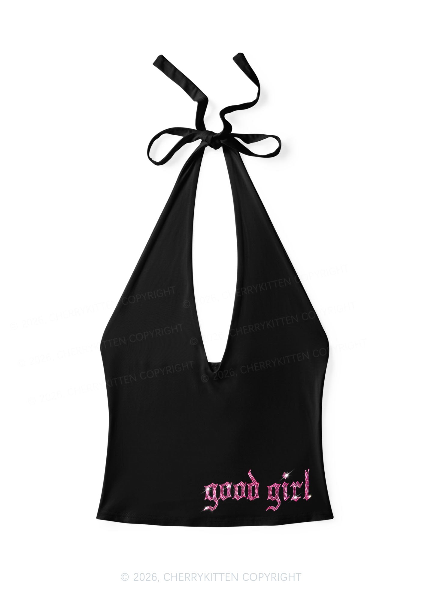 Rhinestone Good Girl Y2K Halter Deep V Neck Cami Cherrykitten